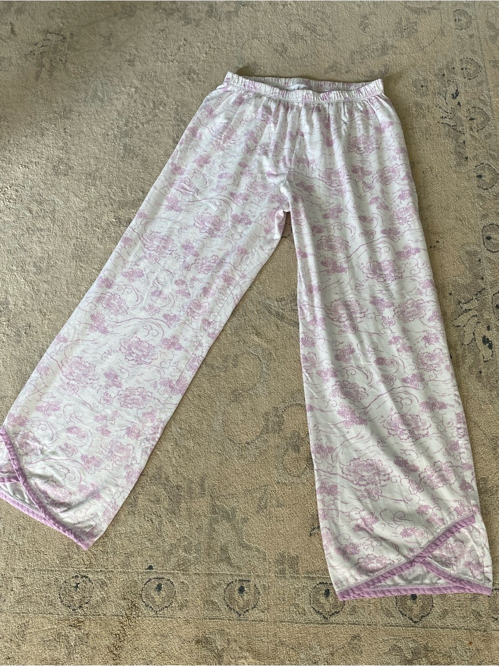 Garnet Hill Soft Jersey Cotton Pajama Pants Floral Print Small White Purple